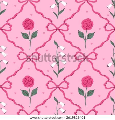 Seamless pattern of roses, bells and bows. Vector graphics.