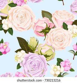 Seamless pattern with roses and berries