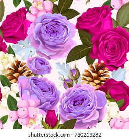 Seamless pattern with roses and berries