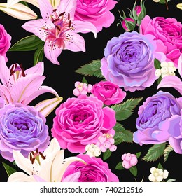 Seamless pattern with roses and berries