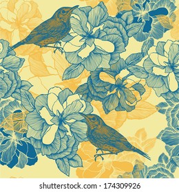 Seamless pattern with roses and bird blackbird. Vector illustration.