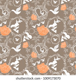 Seamless pattern with roses, birds and hearts on a light brown background. Vector Illustration