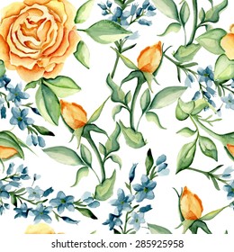 Seamless pattern with roses and blue blossoming branches on a white background. Watercolor. Vector illustration