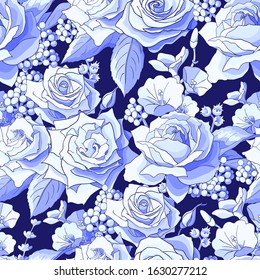 Seamless pattern with roses. Blue flowers, leaves on black background. Abstract monochrome pattern illustration in floral style. Idea for material, scarf, fabric, textile, wallpaper, wrapping paper
