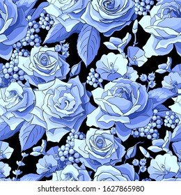 Seamless pattern with roses. Blue realistic flowers with leaves on black background. Abstract pattern illustration in floral style. Idea for material, scarf, fabric, textile, wallpaper, wrapping paper