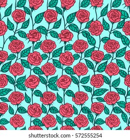 Seamless pattern with roses boho style. Sketch line art. Vintage floral 