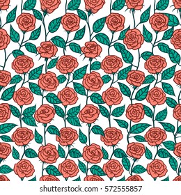 Seamless pattern with roses boho style. Sketch line art. Vintage floral 