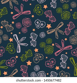 seamless pattern. roses, bows, hearts, daisies, stars. handmade vector illustration