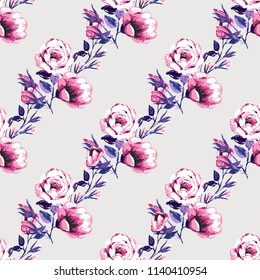 Seamless pattern with roses branch. Vector fashion illustrations with watercolor style paint splashes. Stylish and beautiful graphic on white background. Design for logo, t shirt and uniform.