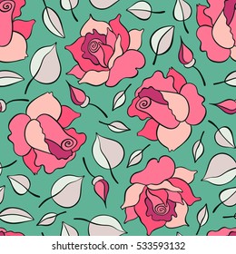 Seamless pattern with roses, buds and leaves. Vector hand drawn pattern. Good for packing design, textile industry, wallpapers and backgrounds.