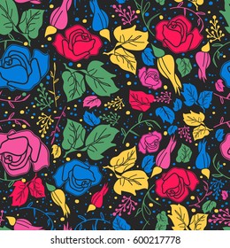 Seamless pattern. Roses, buds and leaves. Texture for design.