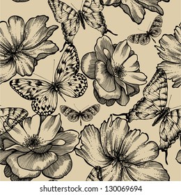 Seamless pattern with roses and butterflies, hand drawing. Vector illustration.