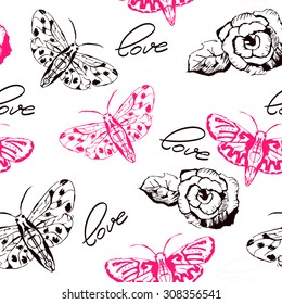 Seamless pattern with roses and butterflies on a white background