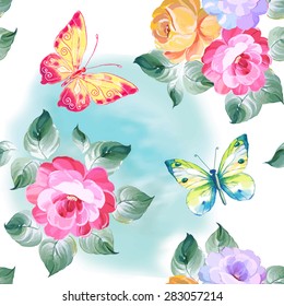 Seamless pattern roses and butterflies. Watercolor painting. Vector illustration.