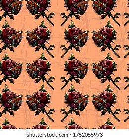 Seamless pattern with roses and butterfly, seamless pattern, tablecloth, napkins, cards, gift paper, cartoon style, holiday, peacock's eye, for women, beauty, peach blossom, summer, happiness, flowers