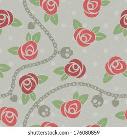 Seamless pattern with roses, chains, skulls and hearts on polka dots back. Vintage design. Faded beige, red and green colors.
