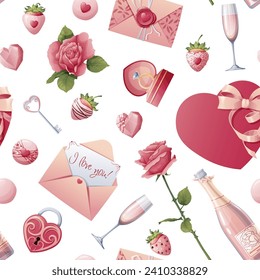 Seamless pattern with roses, champagne, strawberries, candies with hearts. Great for wrapping paper, fabric, wallpaper, textiles. Background for Valentine's Day.