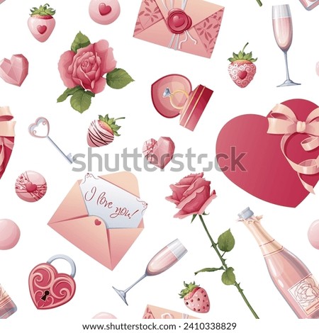 Seamless pattern with roses, champagne, strawberries, candies with hearts. Great for wrapping paper, fabric, wallpaper, textiles. Background for Valentine's Day.