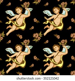 Seamless pattern with roses and cherubs