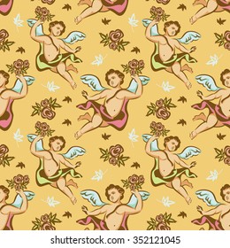 Seamless pattern with roses and cherubs