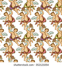 Seamless pattern with roses and cherubs