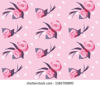 Seamless pattern with roses, classic calico floral background in light pink and gray colors. Vector illustration for fashion, textile, fabric, decoration.