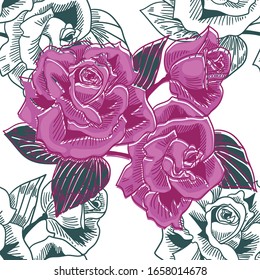 Seamless pattern with roses, contours and colored.