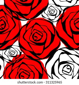 Seamless pattern with roses contours red black and white Vector illustration