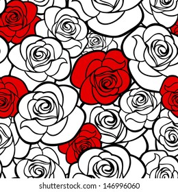 Seamless pattern with roses contours. Vector illustration.