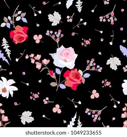 Seamless pattern with roses, cosmos and bell flowers, branches of spirea and leaves of clover, dandelion and viburnum on black background. Ditsy floral pattern. Print for fabric, paper, wallpaper.