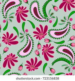 seamless pattern with roses and curls on a light green background. floral pattern, vector illustration