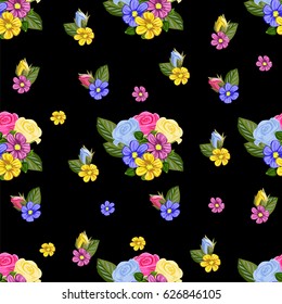 Seamless pattern with roses and cute colorful flowers. Hand-drawn floral background for printing on fabric, clothing, home textiles, wallpaper, gift wrapping. Romantic design.