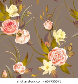 Seamless pattern with roses and daffodils. Vector illustration.