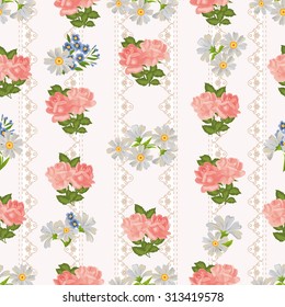 Seamless pattern with roses and daisies on a background of vintage lace.