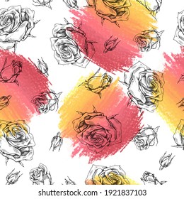 Patrón sin foco con rosas . Esbozos detallados dibujados a mano, ilustración botánica vectorial.