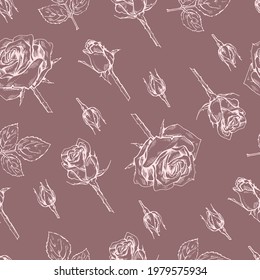 Patrón sin foco con rosas . Esbozos detallados dibujados a mano, ilustración botánica vectorial.