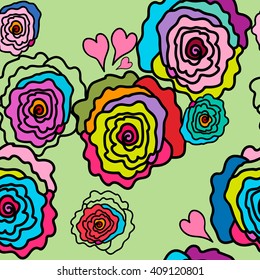 Seamless pattern. Roses of different colors on a very soft green background. For printing on packaging, bags, fabric, cups, laptop, furniture, etc. Vector.