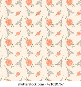 Seamless pattern with roses and the Eiffel Tower. Retro pattern with flowers and a tower on a light background.