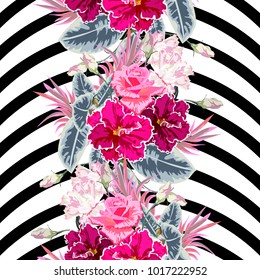 Seamless pattern with roses, eustoma and violets on striped background. Flower background for textile, cover, wallpaper, gift packaging, printing.Romantic design for calico, silk. Vertical border.