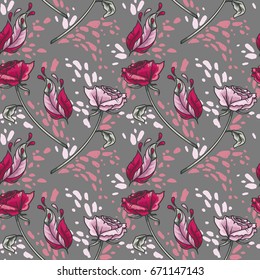 seamless pattern with roses, feathers and splashes on gray background, vector illustration in sketch style