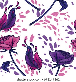 seamless pattern with roses, feathers and splashes on white background, vector illustration in sketch style