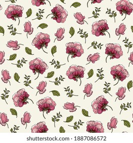 Seamless pattern with roses. Floral background with flowers and buds of rose, peony. Hand drawing.