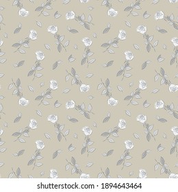 Seamless pattern with roses. Floral background with white flowers and gray leaves. Vector illustration on a beige background