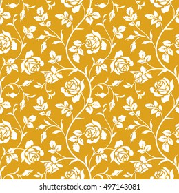 Seamless pattern with roses. Floral wallpaper. White silhouette of decorative flowers on yellow background