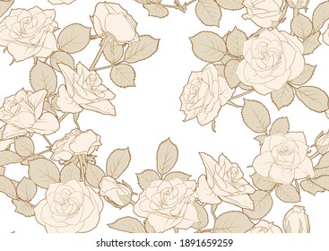 Seamless pattern with roses flowers. Colored vector illustration. In beige vintage colors