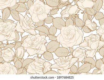 Seamless pattern with roses flowers. Colored vector illustration. In beige vintage colors