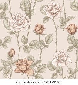 Seamless pattern with roses flowers. Colored vector illustration. In beige vintage colors