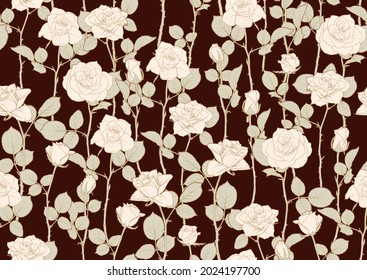 Seamless pattern with roses flowers. Colored vector illustration. In beige vintage colors