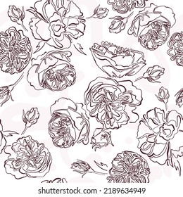 Nahtloses Muster mit Rosenblumen in einer Linie. Rosenblume, Vektorgrafik. Kontinuierliche Zeichnung einer Linie. Moderner Hintergrund für Textilien, Verpackungen, Designs, Modestoffe, Tapeten