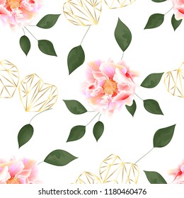 Seamless pattern with Roses flowers and gold hearts. Vector illustration.